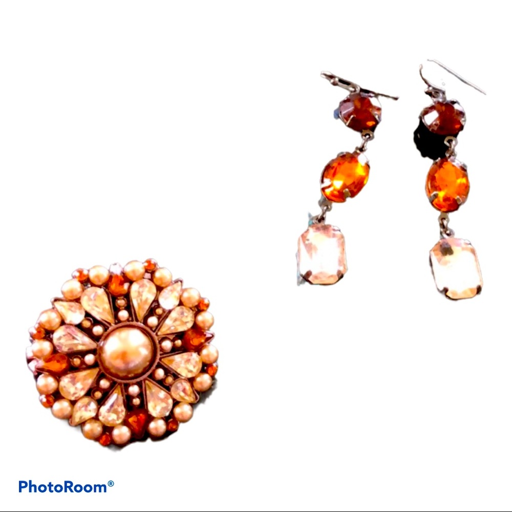 Vintage Hollywood Amber & Champagne‎ Dangle Earrings Adjustable Ring